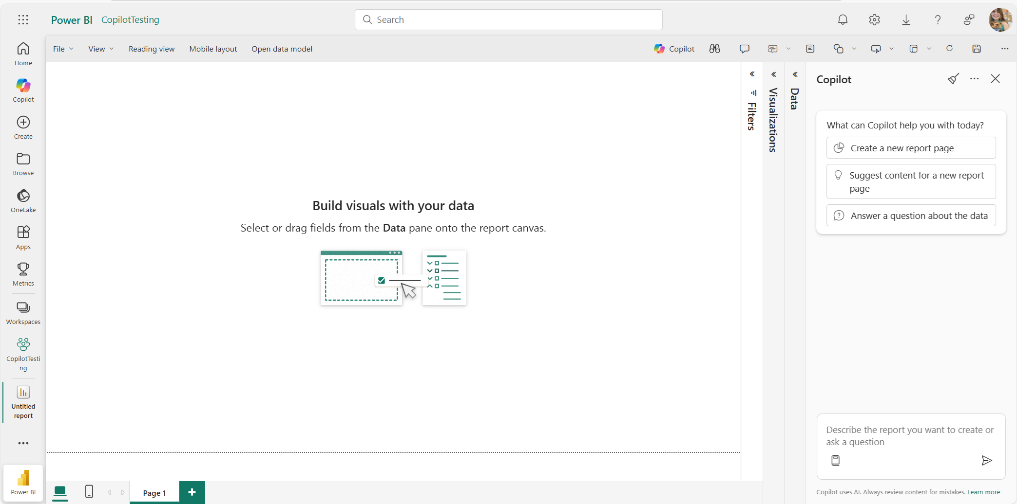 Copilot bouwt automatisch een rapport in Power BI op basis van je beschrijving in gewone taal. Bron: Microsoft Learn