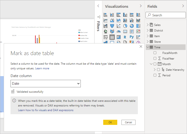 Het dialoogvenster ‘Mark as date table’ waarmee je een tabel als datumtabel markeert voor tijdintelligentie. Bron: Microsoft Learn