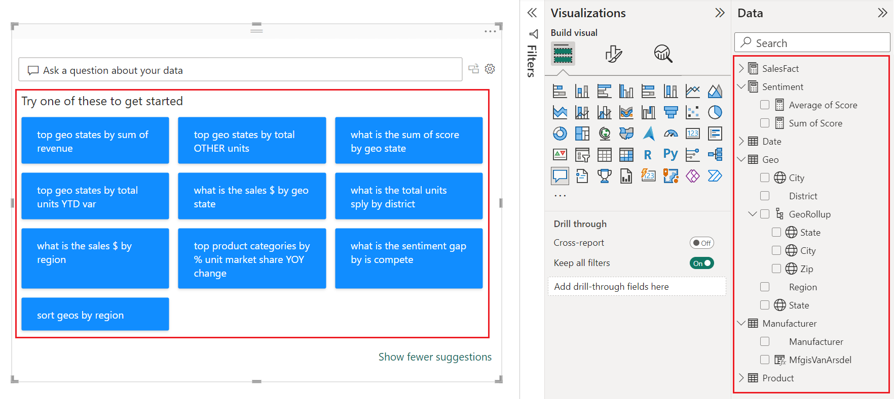 Power BI herkent termen uit het datamodel en stelt vragen voor terwijl je typt. Bron: Microsoft Learn