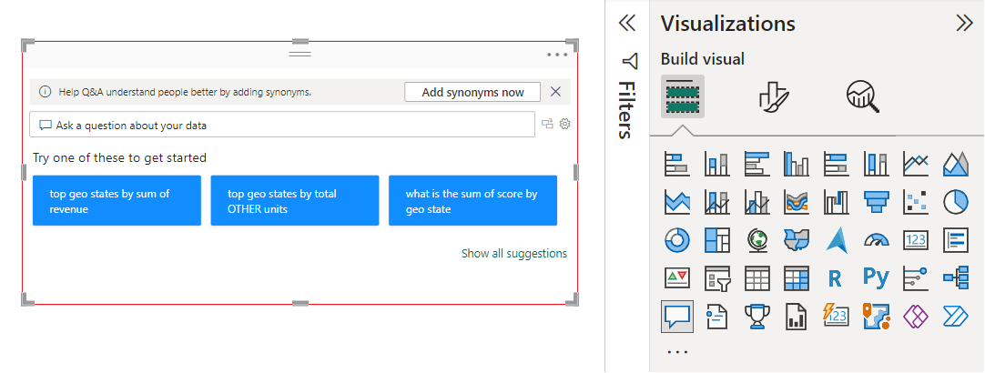 De Q&A-visual op het canvas met het tekstvak waarin gebruikers hun vraag typen. Bron: Microsoft Learn